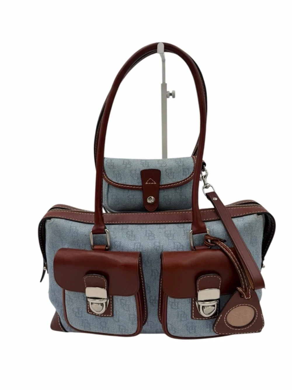 Dooney & Bourke Denim Monogram Cargo Satchel Set Brown Leather DB Logo Y2K